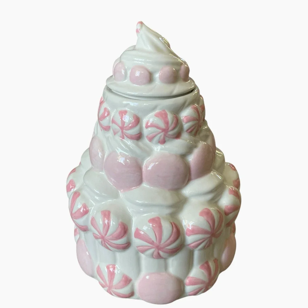 Pink Peppermint Candy Cookie Jar Holiday Canister by Peppermint & Pine NEW